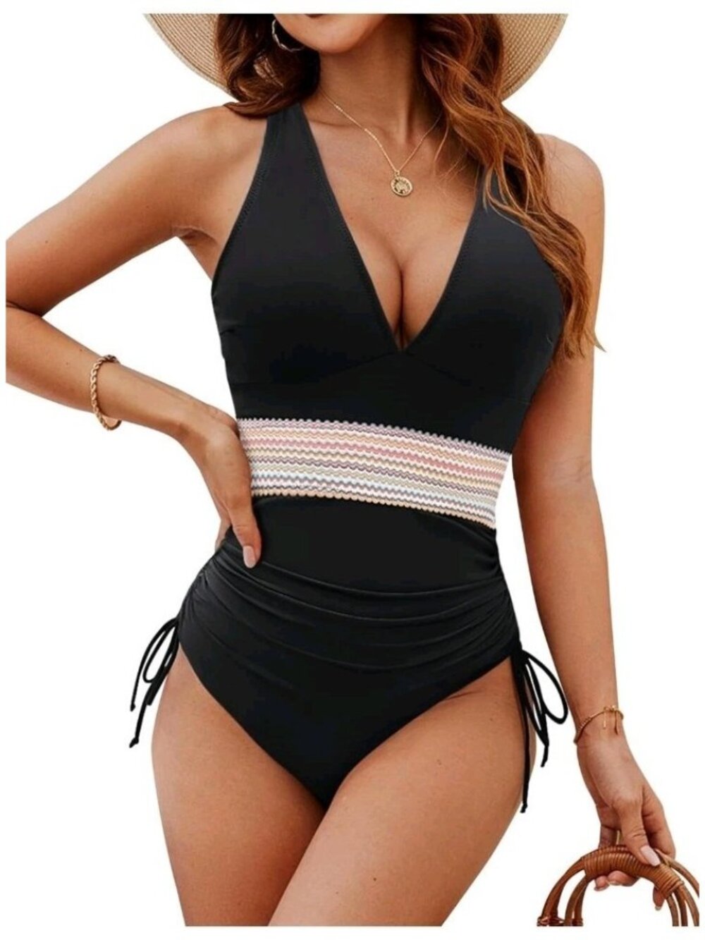 Blooming Jelly Women L One Piece Swimsuit Tummy Control Deep V Neck Drawstring